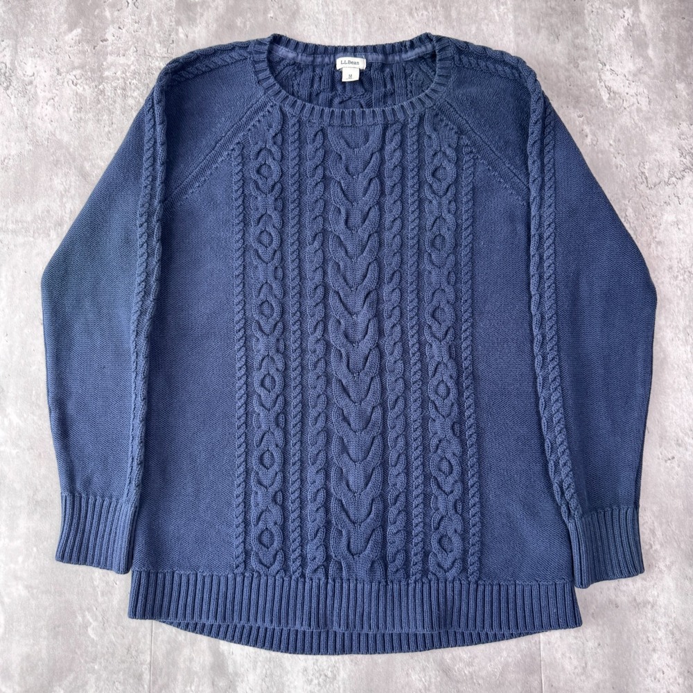 LL Bean Cable Knit Sweater Womens Medium Blue Cotton Crewneck Fisherman